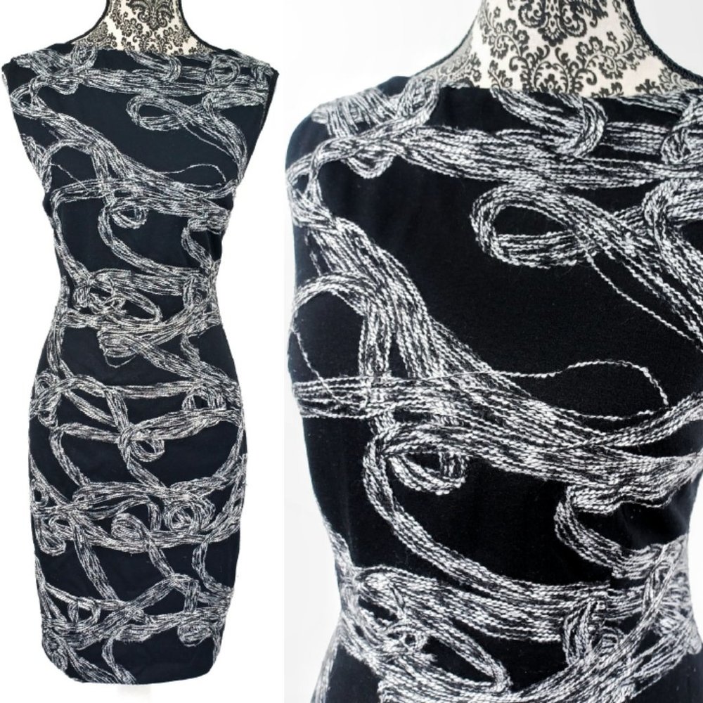 CACHE Sleeveless Embroidered Scroll Pattern Stretch Sheath Dress 10